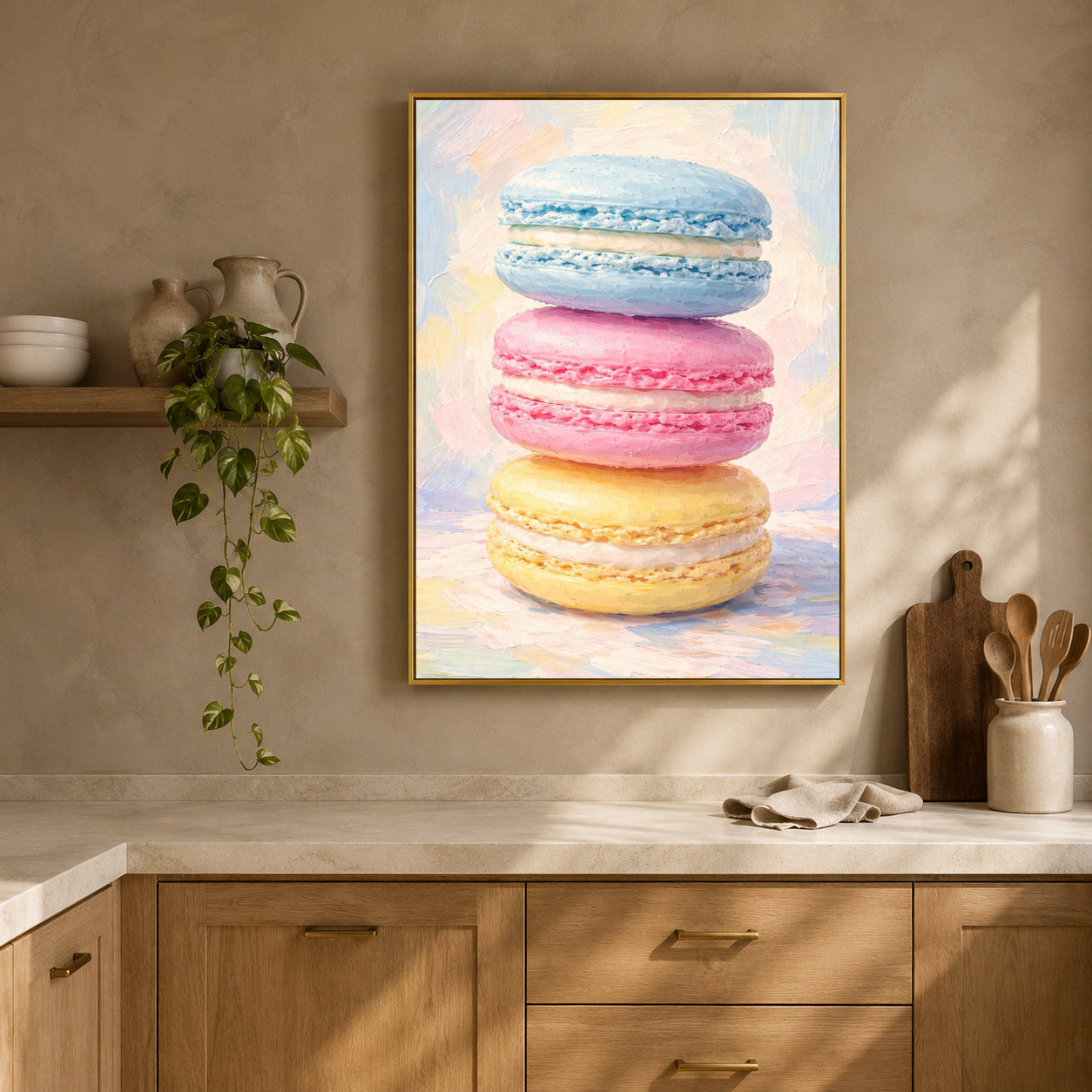 A framed vertical canvas print of three stacked pastel macarons in blue, pink, and yellow, displayed on a beige kitchen wall above a wooden countertop with a plant and utensils.