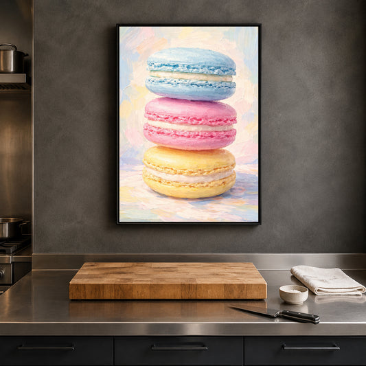 A framed wall art print featuring a stack of pastel macarons in blue, pink, and yellow, displayed on a dark gray kitchen wall above a stainless steel countertop with a wooden cutting board and small kitchen items.