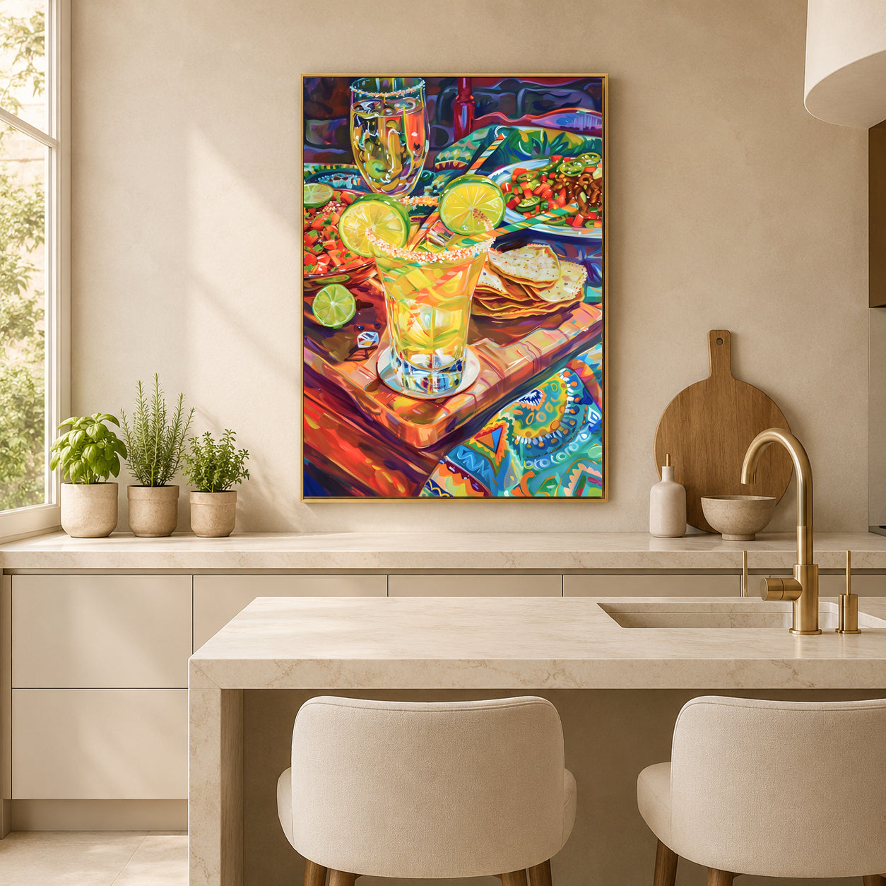 A colorful framed wall art print depicting a margarita and lime scene, displayed in a modern kitchen above a marble counter with two beige chairs.