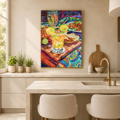 A colorful framed wall art print depicting a margarita and lime scene, displayed in a modern kitchen above a marble counter with two beige chairs.