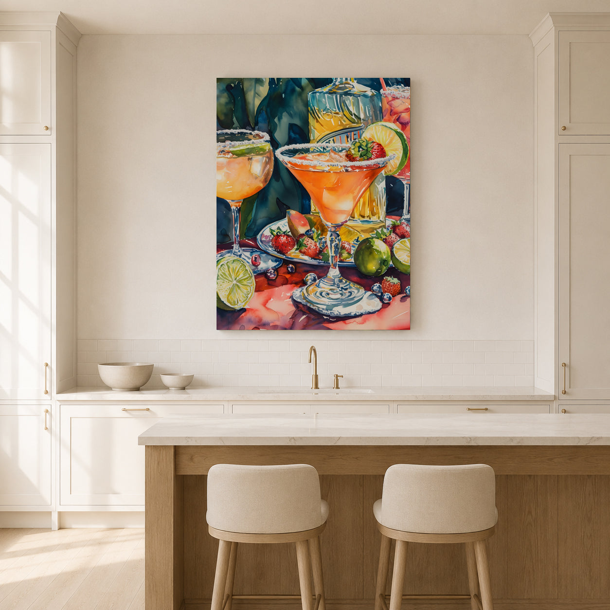 A colorful canvas wall art print depicting two margarita cocktails with limes and strawberries, displayed in a bright, modern kitchen above a white island and two bar stools.
