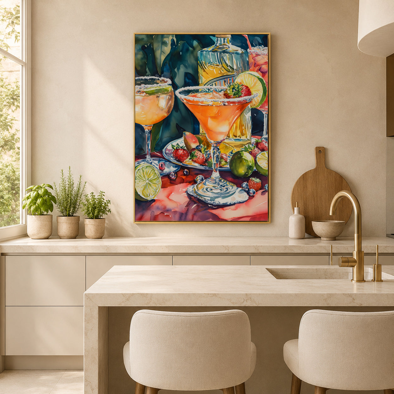 A framed colorful painting of cocktails and fruit on a table hangs on a beige wall above a kitchen island in a modern kitchen setting.