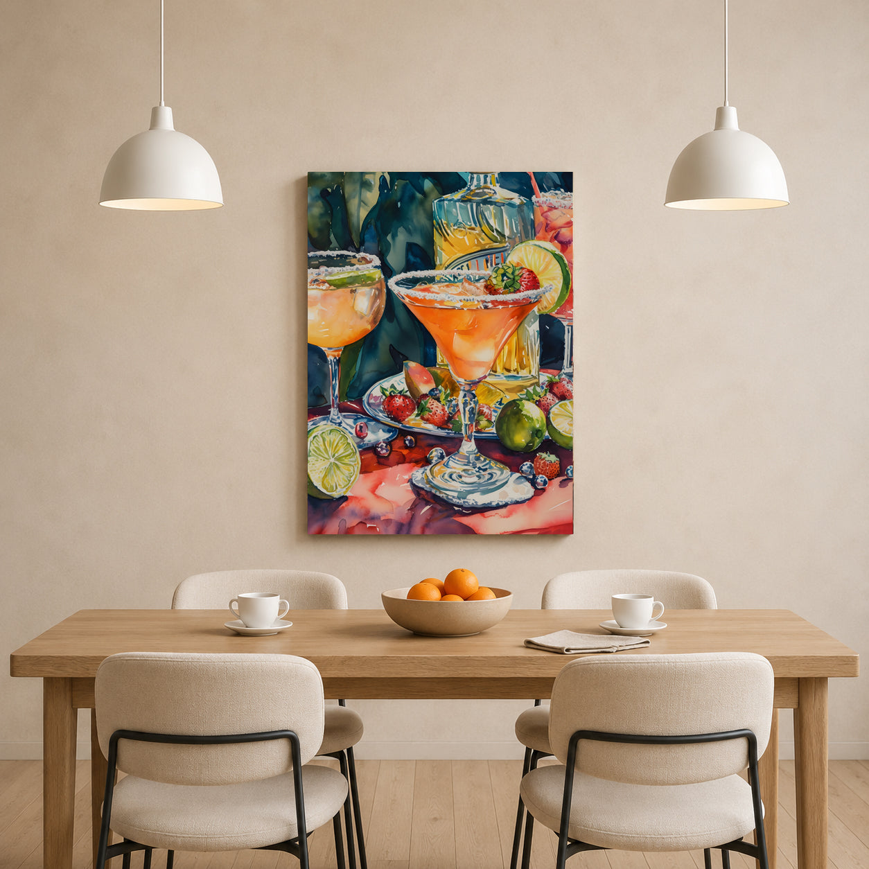 A colorful watercolor-style wall art print depicting cocktail glasses, fruit, and a bottle, displayed above a wooden dining table with chairs in a modern room.