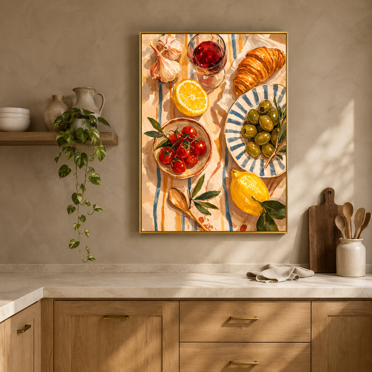 A framed vertical canvas print featuring a colorful still life painting of food, hung on a beige wall above a kitchen counter with wooden cabinets, a hanging plant, and kitchen utensils.