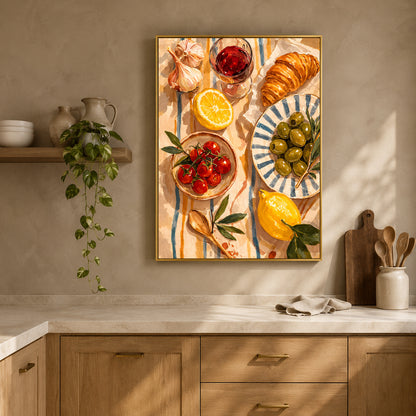 A framed vertical canvas print featuring a colorful still life painting of food, hung on a beige wall above a kitchen counter with wooden cabinets, a hanging plant, and kitchen utensils.