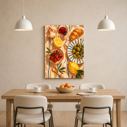 A vertical canvas wall art print depicting a colorful breakfast still life with croissants, tomatoes, olives, and citrus, displayed on a beige wall above a wooden dining table with four chairs in a modern dining room setting.