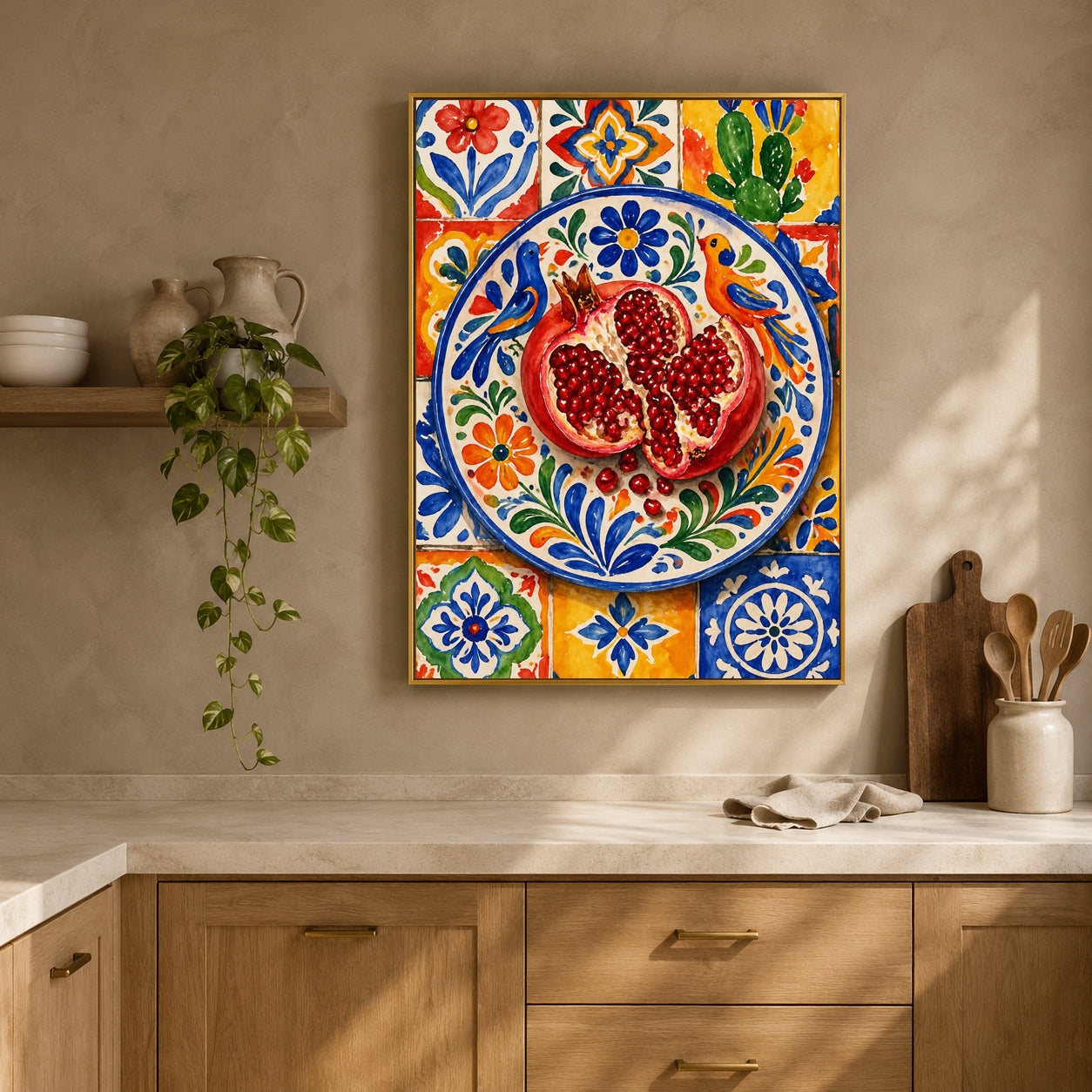 Mediterranean Pomegranate Wall Art with Colorful Spanish Tiles