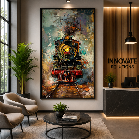 Vintage Steam Engine Vertical Canvas Wall Art Painting