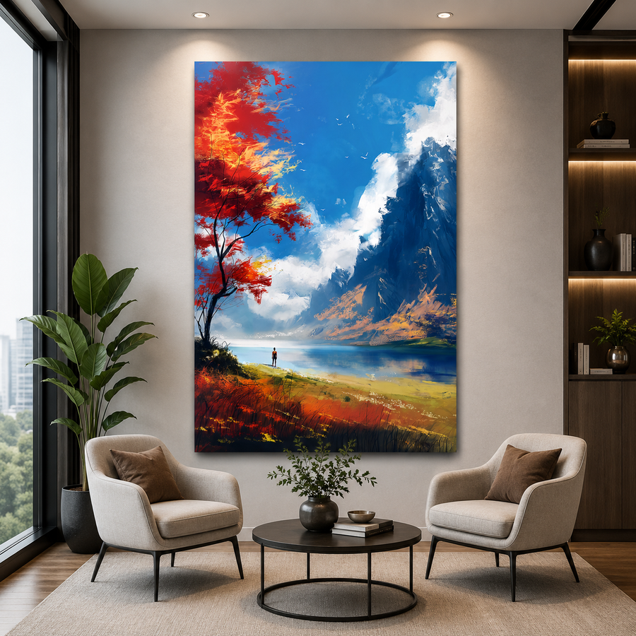 Mountain Lake Landscape Canvas Wall Art Vertical Nature Painting