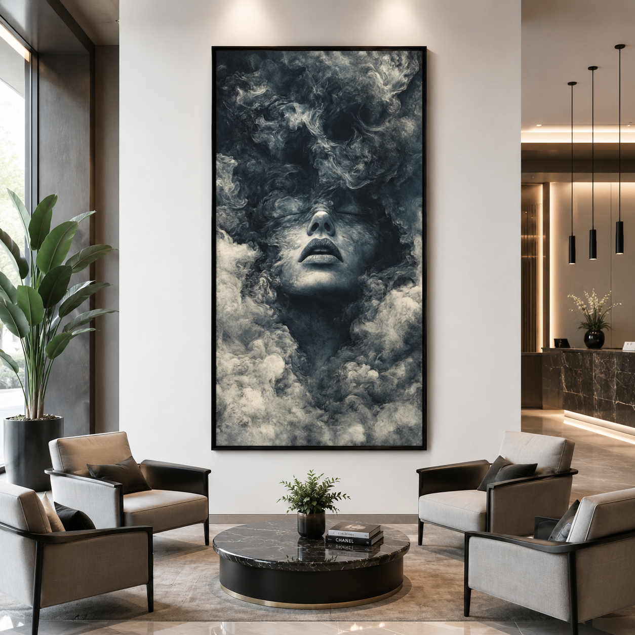 Abstract Smoke Portrait Canvas Wall Art Modern Monochrome Face Decor