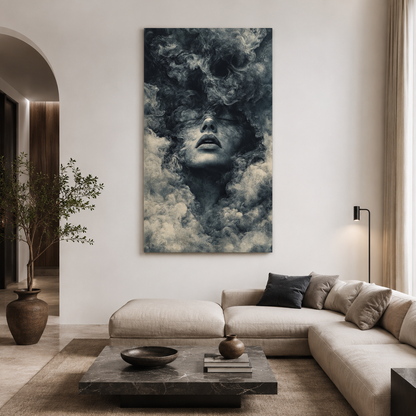 Abstract Smoke Portrait Canvas Wall Art Modern Monochrome Face Decor