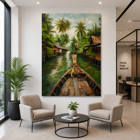 Tropical Canal Boat Canvas Wall Art Vertical Village Landscape Print