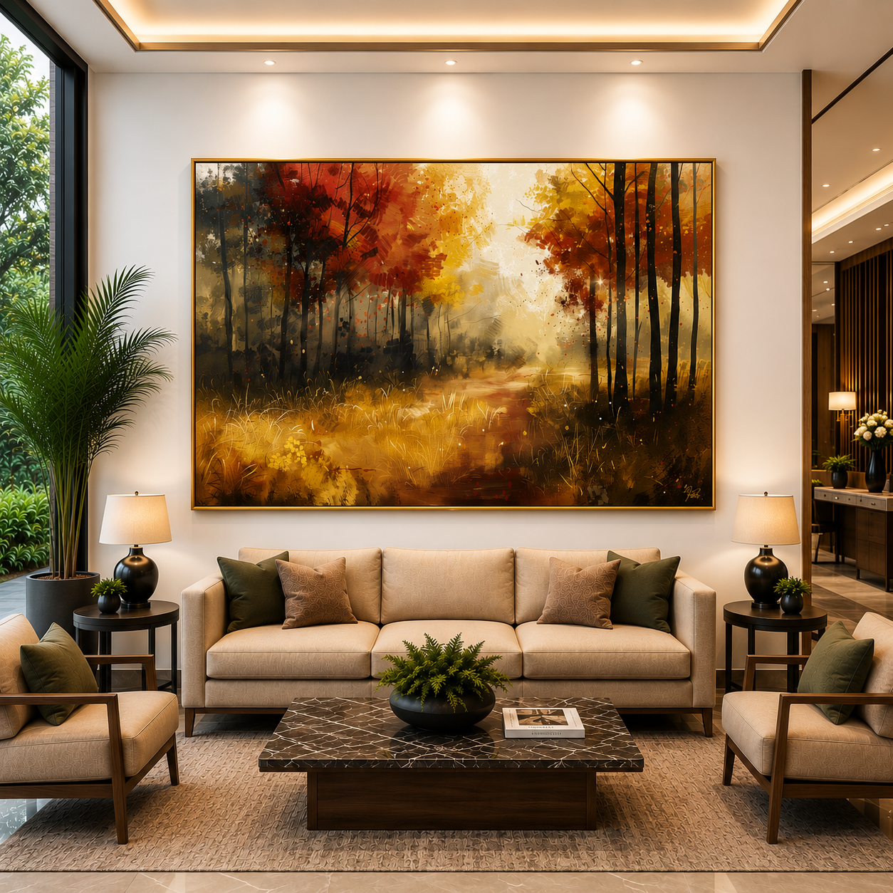 Autumn Forest Path Canvas Wall Art Warm Golden Woodland Painting