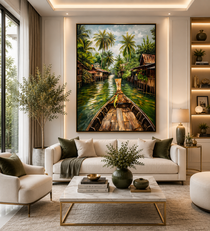 Tropical Canal Boat Canvas Wall Art Vertical Village Landscape Print