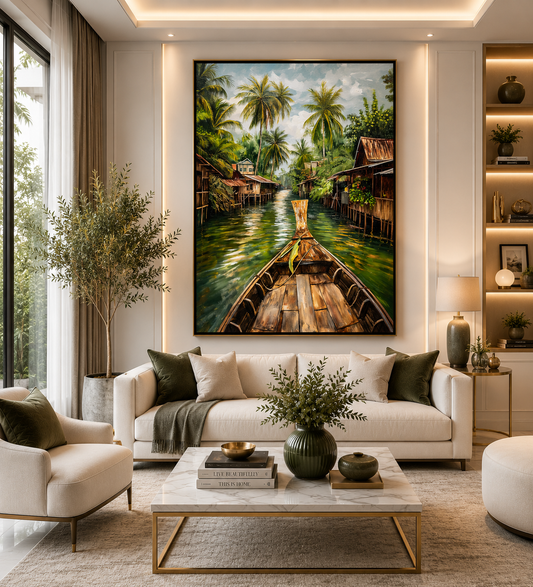 Tropical Canal Boat Canvas Wall Art Vertical Village Landscape Print