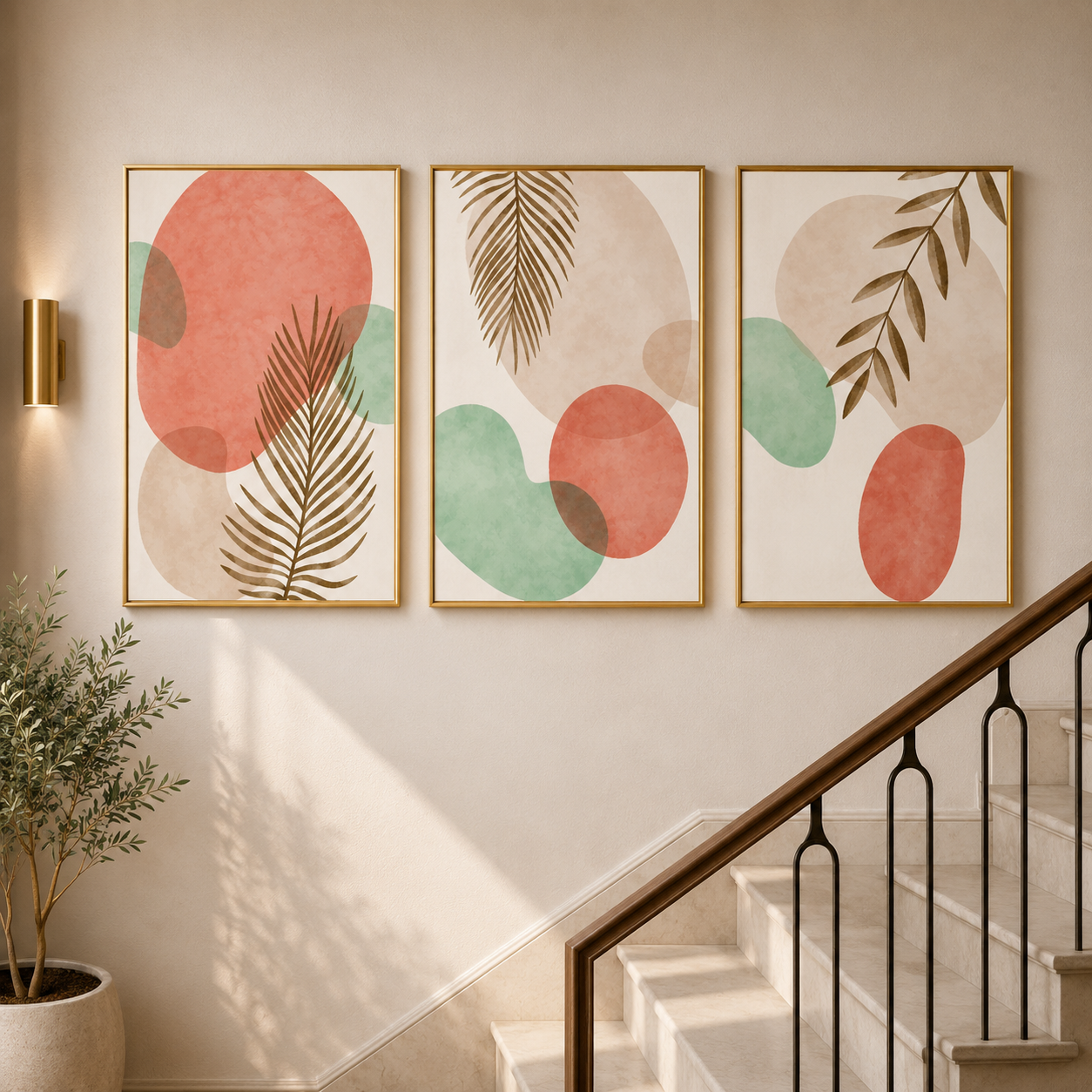 Abstract Botanical Canvas Wall Art Set of 3 Neutral Modern Decor