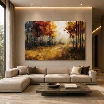 Autumn Forest Path Canvas Wall Art Warm Golden Woodland Painting