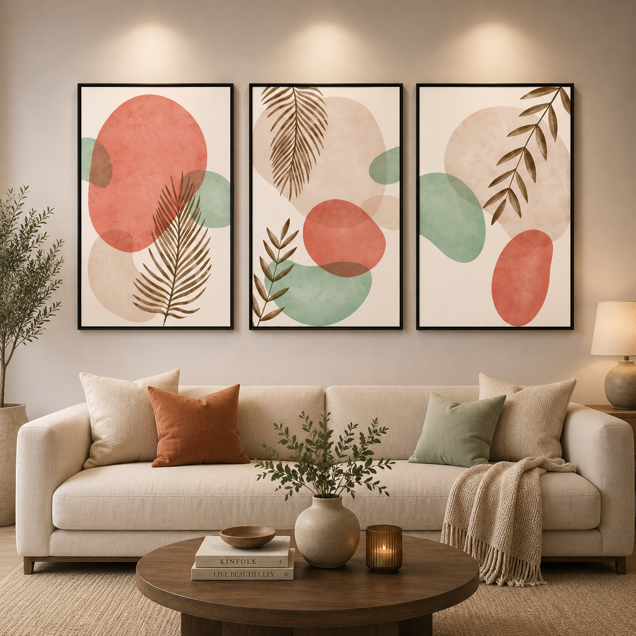Abstract Botanical Canvas Wall Art Set of 3 Neutral Modern Decor