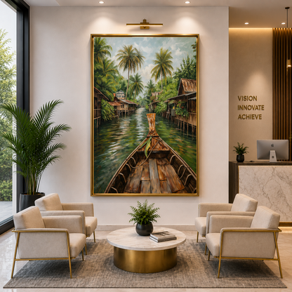 Tropical Canal Boat Canvas Wall Art Vertical Village Landscape Print
