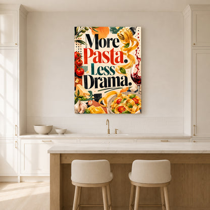 A vertical canvas wall art print featuring the humorous text 'More Pasta. Less Drama.