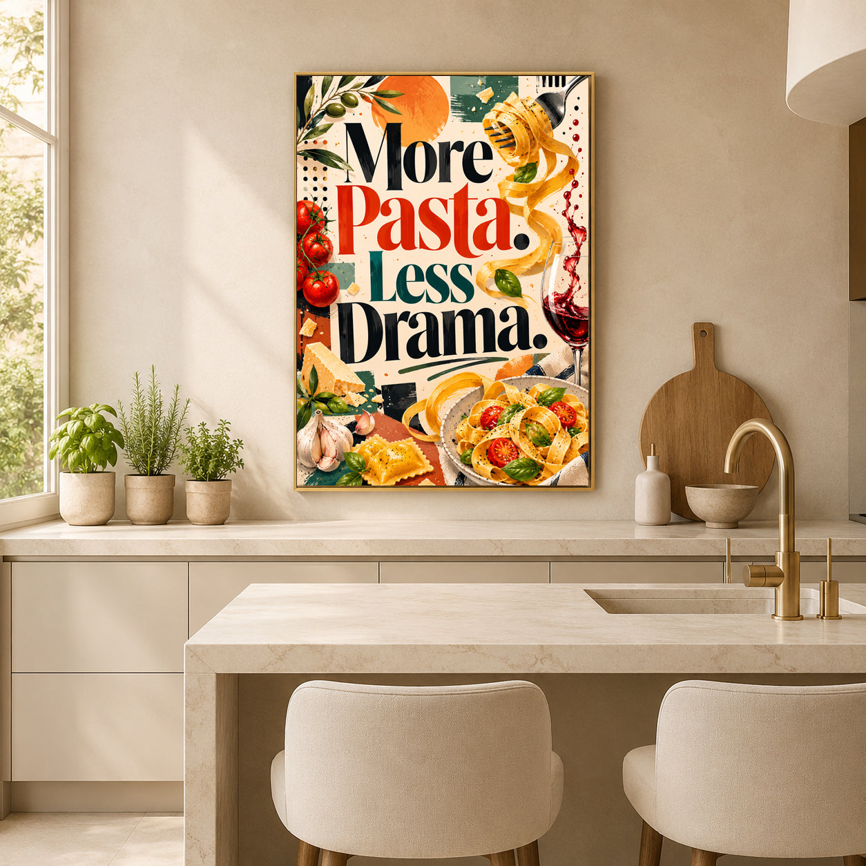 A framed retro-style kitchen wall art print hangs above a marble countertop in a modern beige kitchen. The poster reads “More Pasta.