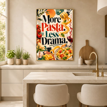 A framed retro-style kitchen wall art print hangs above a marble countertop in a modern beige kitchen. The poster reads “More Pasta.