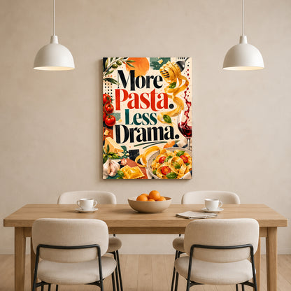 A vertical canvas wall art print with the text 'More Pasta. Less Drama.