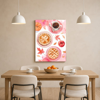 A vertical canvas wall art print featuring a cozy autumn table scene with two pies, a cup of coffee, apples, and fall leaves, displayed on a beige wall above a wooden dining table with four chairs.