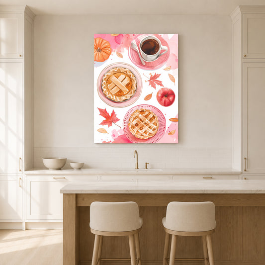 A vertical canvas wall art print featuring a watercolor autumn pie and coffee scene, displayed on a kitchen wall above a counter with two stools.
