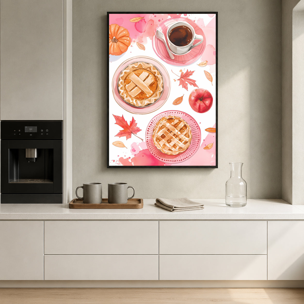 A framed vertical art print featuring an autumn-themed watercolor design with two pies, a coffee cup, a pumpkin, and fall leaves, displayed on a kitchen wall above a counter.