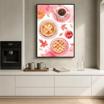 A framed vertical art print featuring an autumn-themed watercolor design with two pies, a coffee cup, a pumpkin, and fall leaves, displayed on a kitchen wall above a counter.