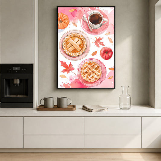 A framed vertical art print featuring an autumn-themed watercolor design with two pies, a coffee cup, a pumpkin, and fall leaves, displayed on a kitchen wall above a counter.