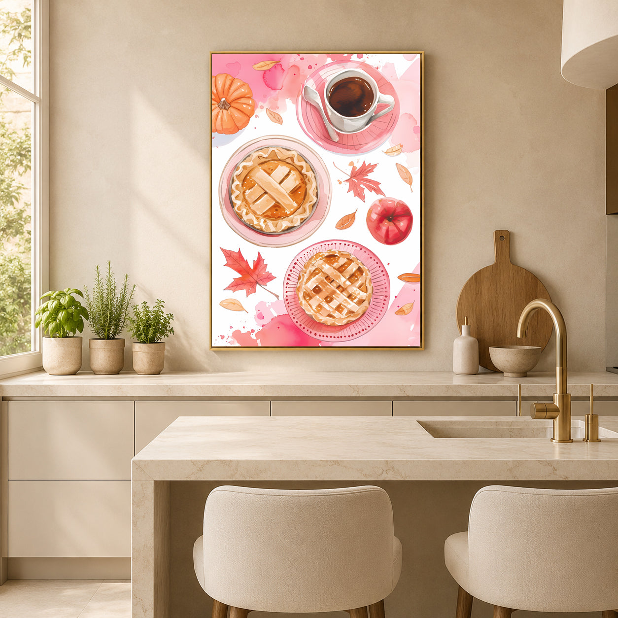 A framed wall art print featuring a fall-themed breakfast scene with two pies, a coffee cup, and autumn leaves, displayed in a modern kitchen above a counter.