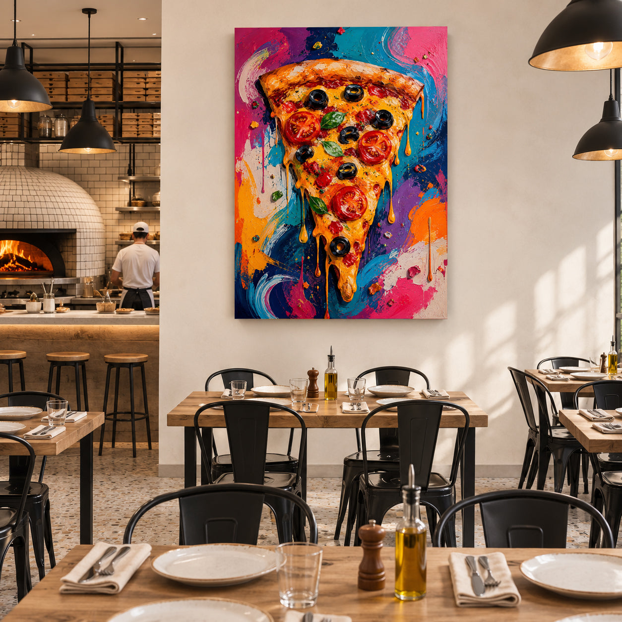 A large vertical canvas print of a colorful, abstract pizza slice painting hanging on a white wall in a modern restaurant setting with wooden tables, black chairs, and pendant lights.