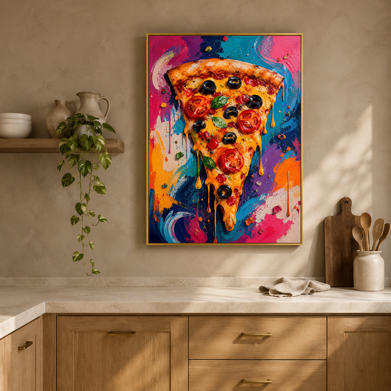 A framed colorful painting of a single slice of pizza hangs on a beige wall above a kitchen counter with wooden cabinets, a shelf with ceramic dishes and a trailing plant, and a cloth napkin with wooden utensils.