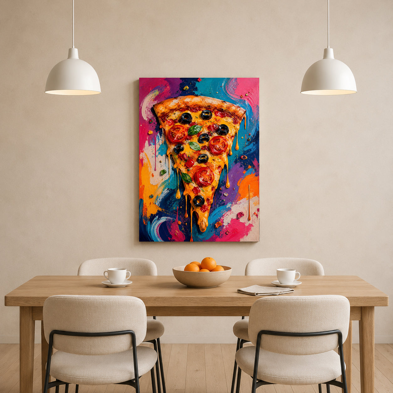 A colorful canvas wall art print of a dripping pizza slice is displayed on a beige wall above a wooden dining table with four chairs and two hanging pendant lights.
