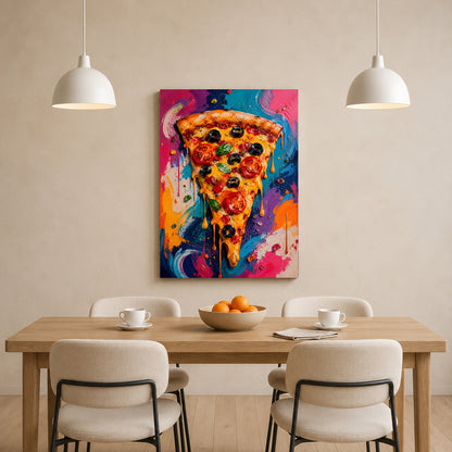 A colorful canvas wall art print of a dripping pizza slice is displayed on a beige wall above a wooden dining table with four chairs and two hanging pendant lights.