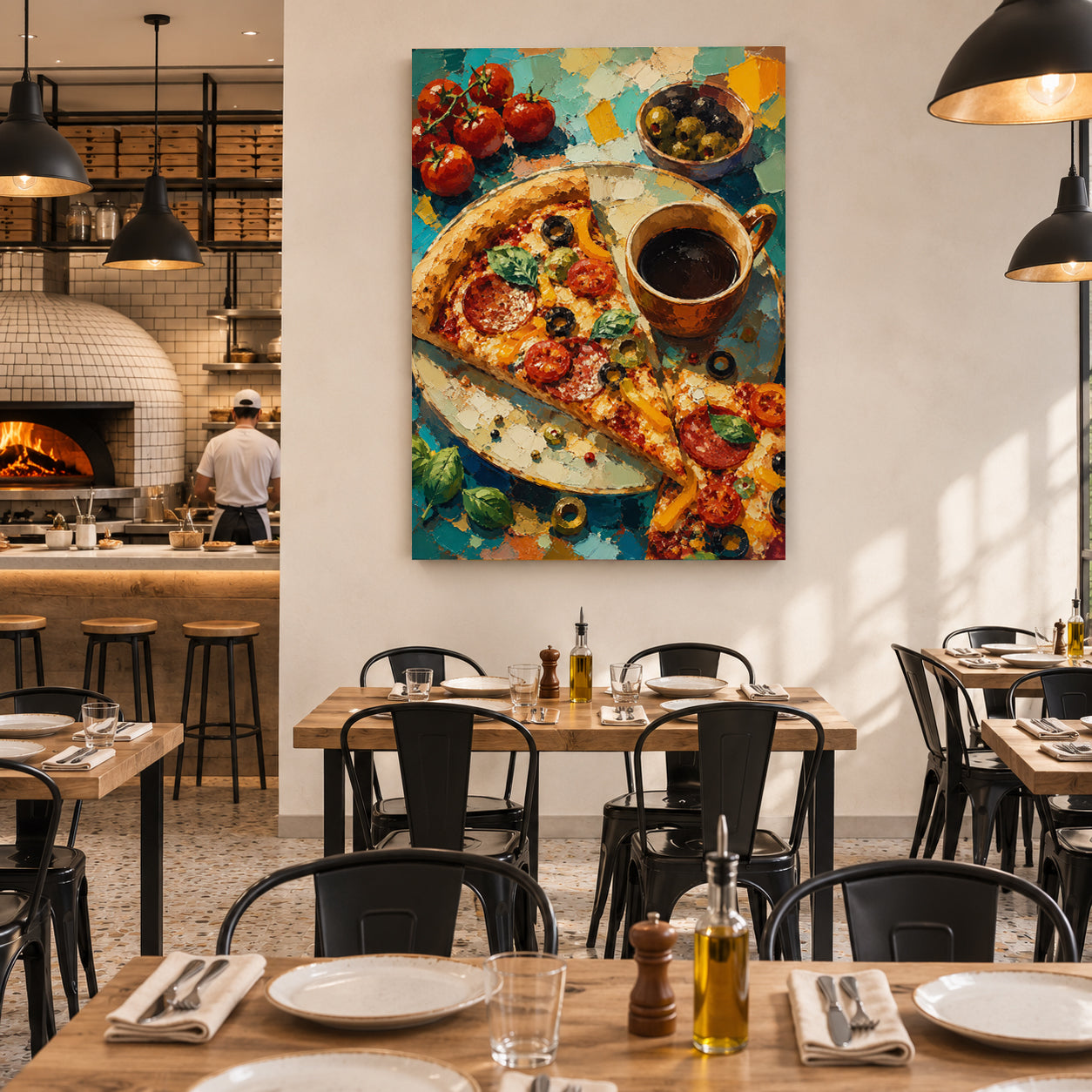A colorful canvas wall art print depicting a slice of pepperoni pizza, fresh tomatoes, and a cup of coffee, displayed on a white wall in a modern restaurant setting.