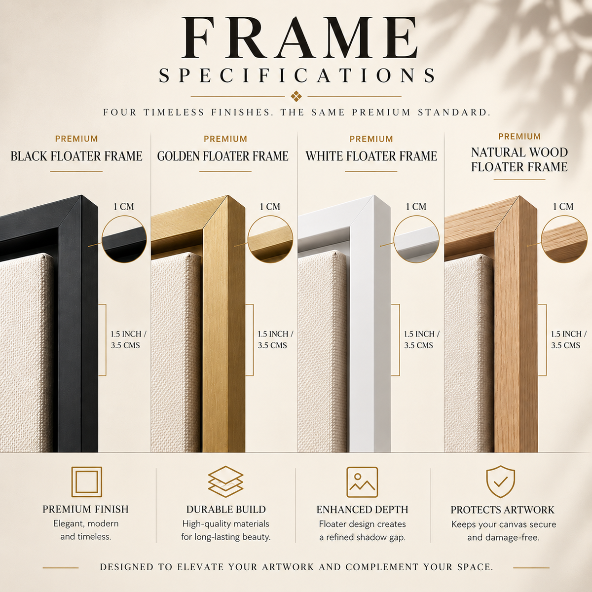 A framed art print or canvas shown against a beige textured background with a large 'FRAME SPECIFICATIONS' header. The image compares four frame options: black, gold, white, and natural wood, each labeled as 1 cm thick, with dimensions and feature callouts below.