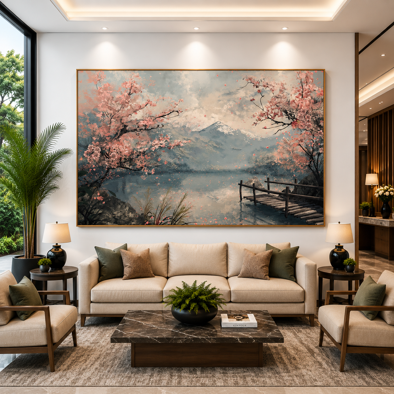 Cherry Blossom Lake Canvas Wall Art Japanese Spring Landscape