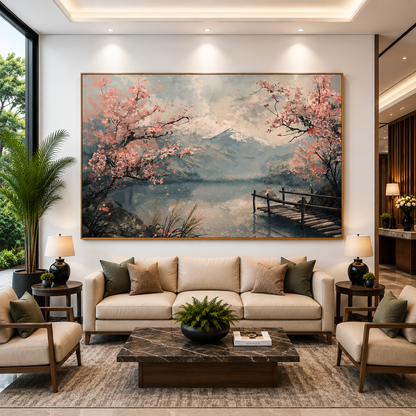 Cherry Blossom Lake Canvas Wall Art Japanese Spring Landscape