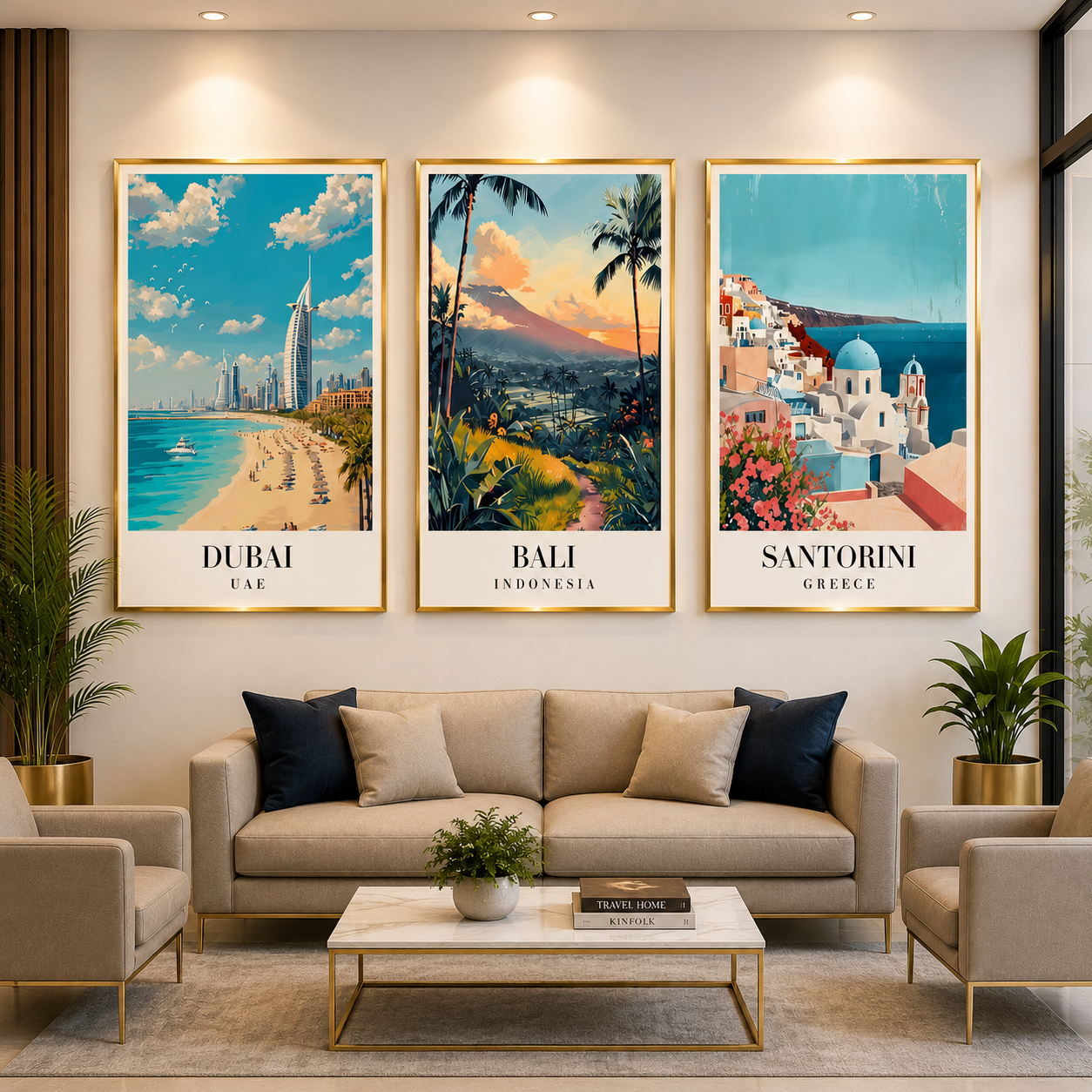 Dubai Bali Santorini Canvas Wall Art Set of 3 Travel Decor