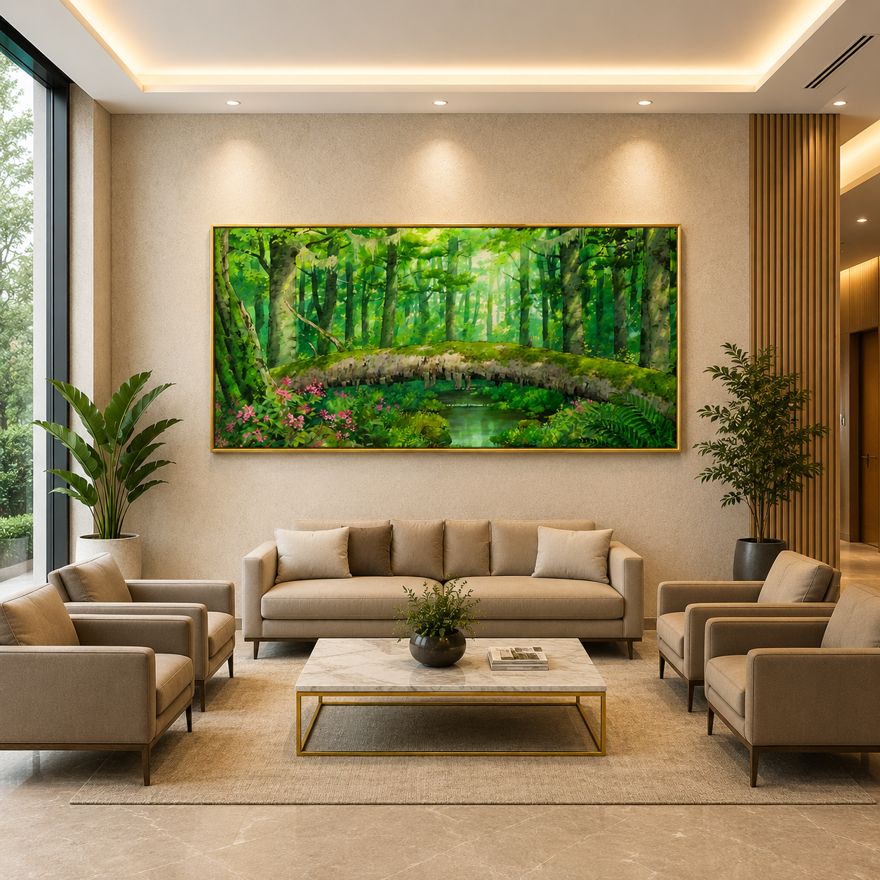 Enchanted Forest Bridge Canvas Wall Art Green Nature Landscape