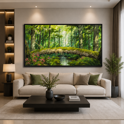 Enchanted Forest Bridge Canvas Wall Art Green Nature Landscape