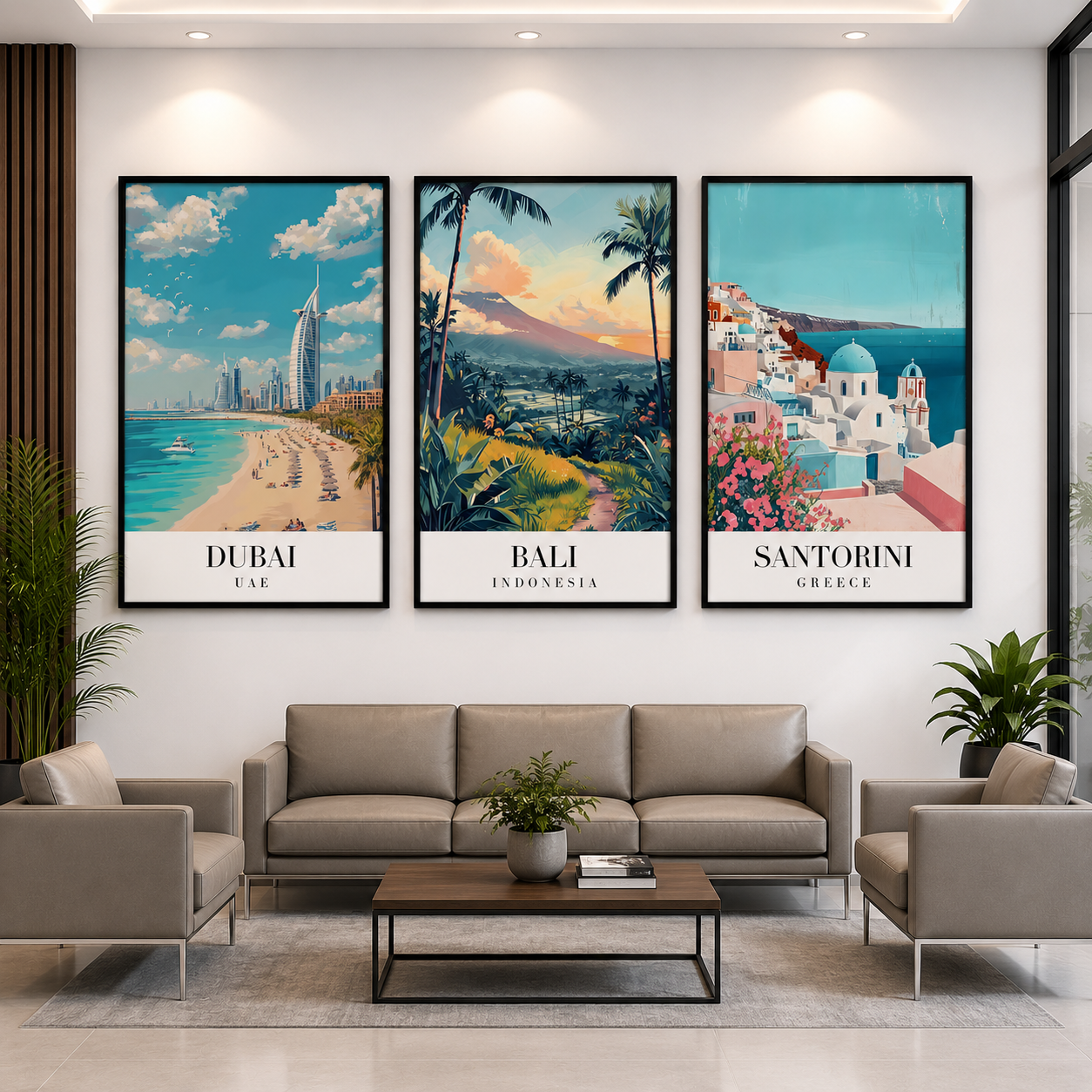 Dubai Bali Santorini Canvas Wall Art Set of 3 Travel Decor