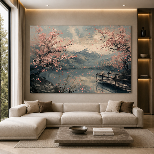 Cherry Blossom Lake Canvas Wall Art