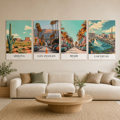Arizona Los Angeles Miami Las Vegas Canvas Wall Art Set of 4