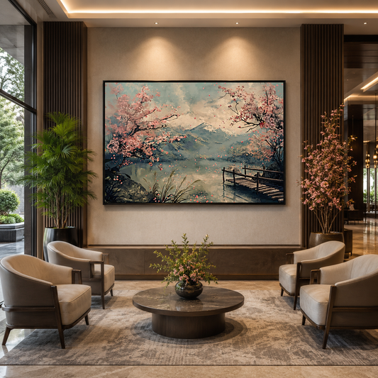 Cherry Blossom Lake Canvas Wall Art