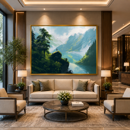 Mountain Valley Lake Canvas Wall Art Nature Landscape Painting