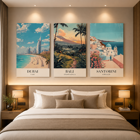 Dubai Bali Santorini Canvas Wall Art Set of 3 Travel Decor